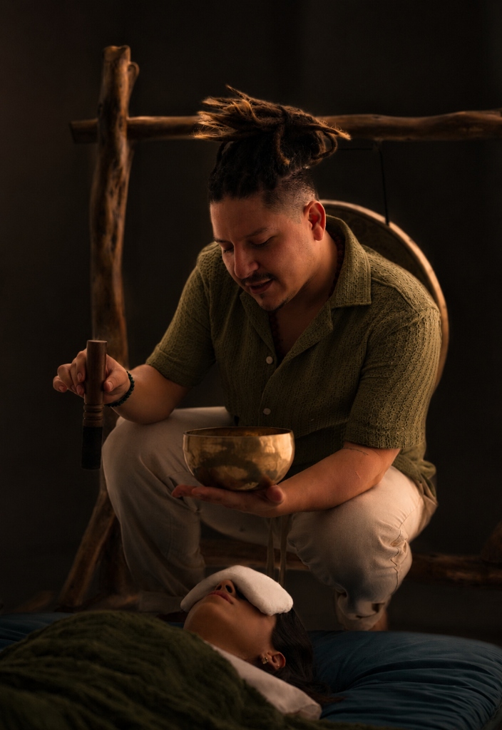 Cuenco tibetano sobre participante con antifaz